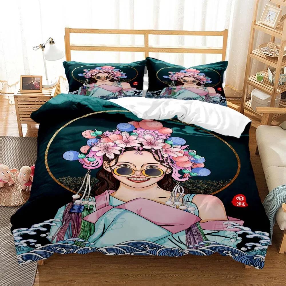 Chinese Cartoon Beijing Opera Natural Digital Printing Polyester Bedding Set Youth Three Piece Set Art Soft And Comfortable