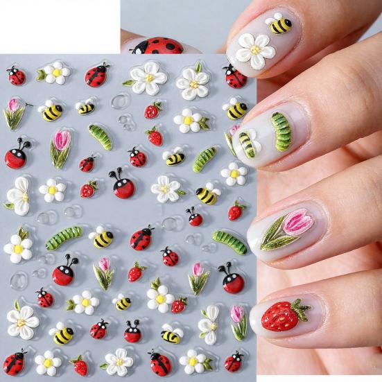 Flower Nail Art Sticker Self-adhesive DIY Home Salon Summer Floral Plants Ladybird 5D Embossed Women Fake Nail Decoration Decal