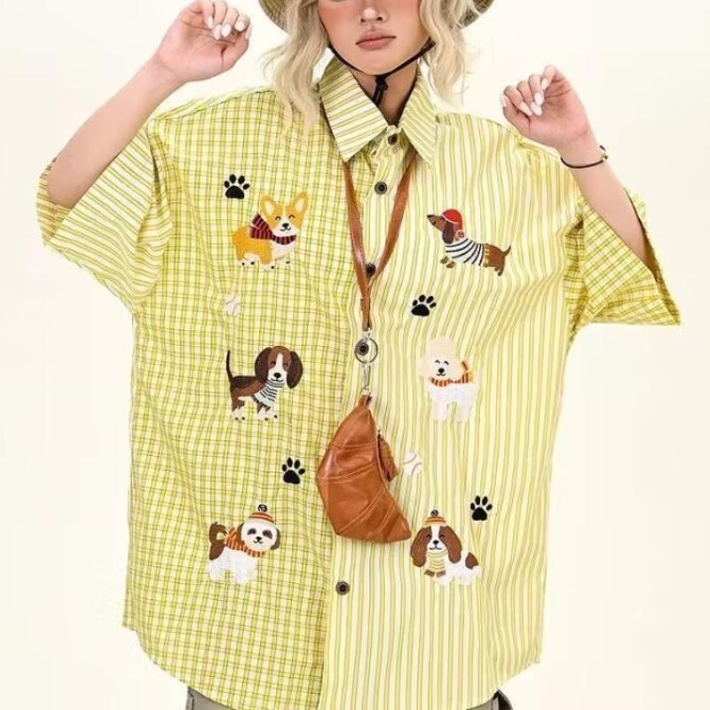 Dog Embroidered Striped Women's Shirt Contrasting Short Sleeve Lapel Top Single Breasted Loose Versatile Summer Clothing