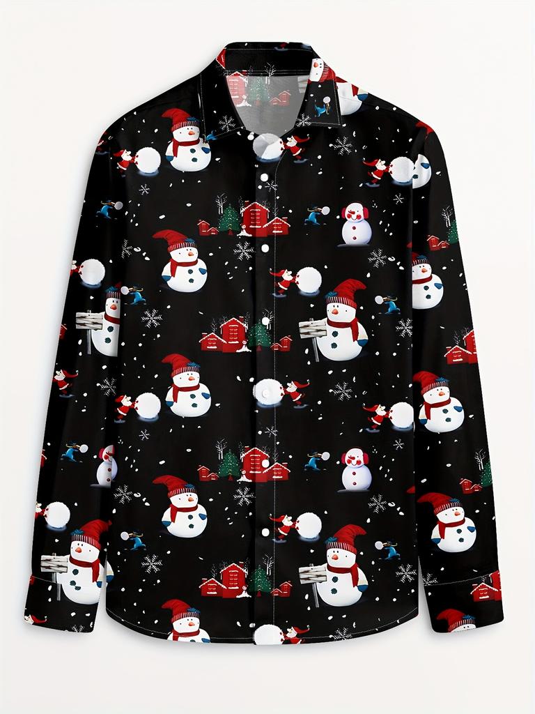 Men's Fashion Printed Shirt Christmas Print Fashion Printed Men's Casual Button- Long Sleeve Shirt