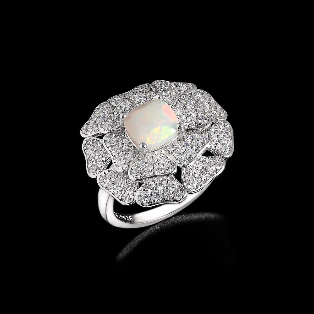 

Luxry Big silver flower Ring with natural ethiopia opal gemstones fine jewelry for women special occasion US RING SIZE:7# белый