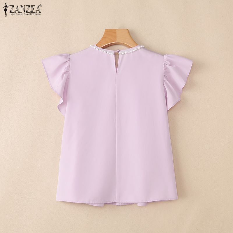 ZANZEA Women Casual Round Neck Short Sleeve Loose Ruffles Blouse