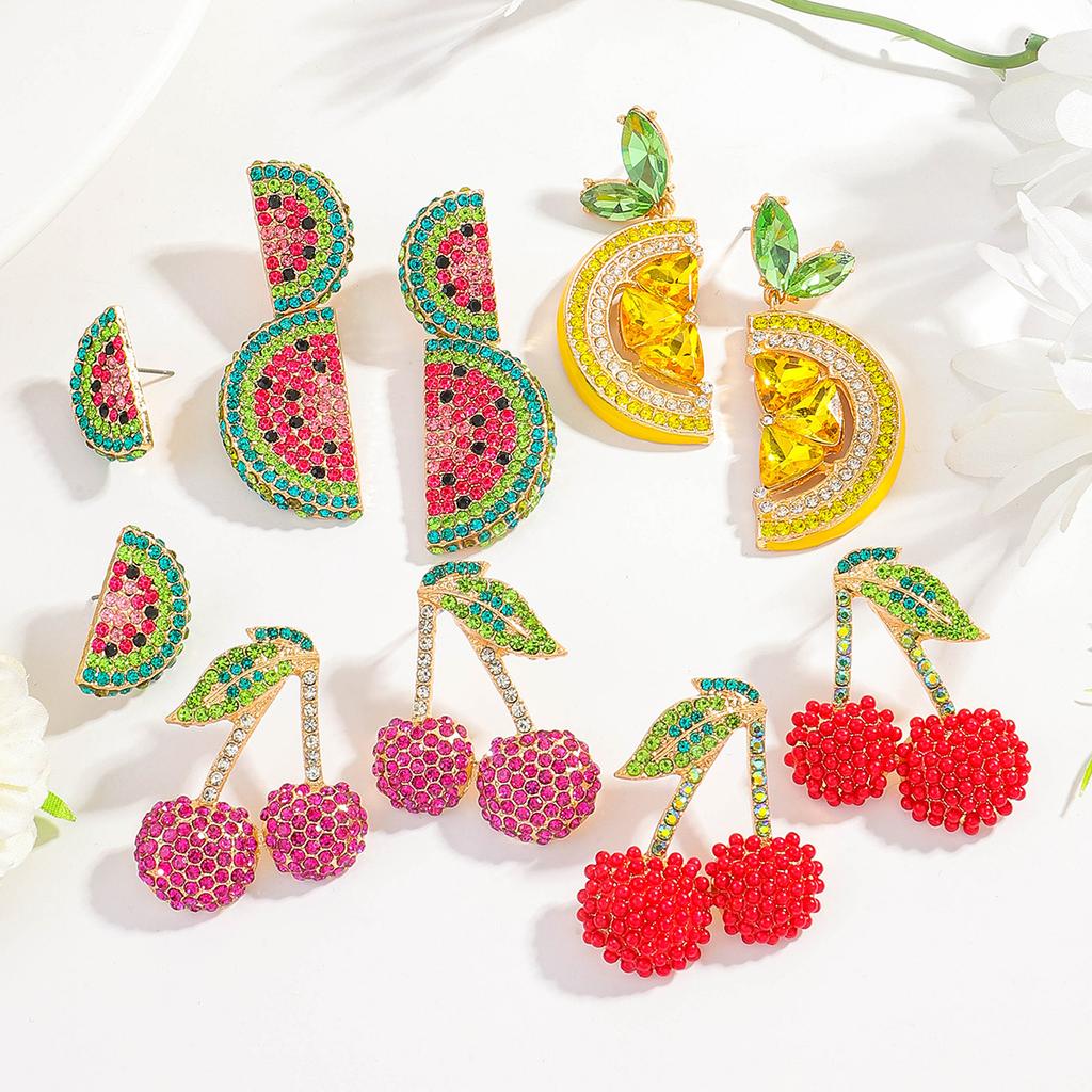 Creative fruit set diamond stud earrings cherry lemon watermelon shape earrings exaggerated fashion earrings