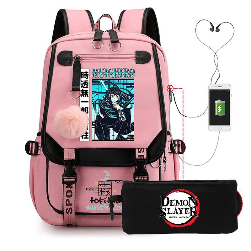 Two-dimensional peripheral day man ghost extinguishing backpack pencil bag large capacity student leisure schoolbag with USB port