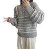 Corner Button Pullover Sweater Autumn and Winter New Color Matching Striped Soft Waxy Casual Loose Knitted Sweater Women