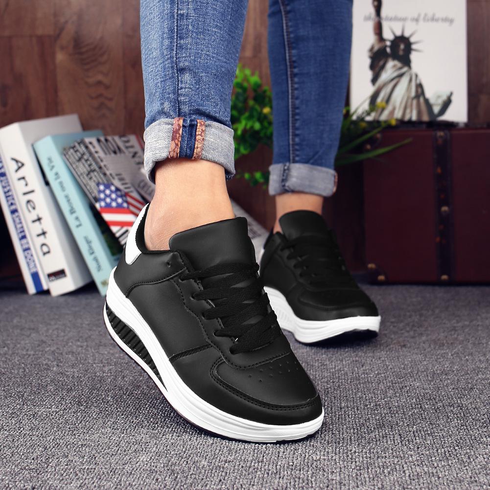 Fashion PU Leather Women's Platform Shoes Non-slip Rocker Shoes Walking Running Sports Shoes Wedge Heels