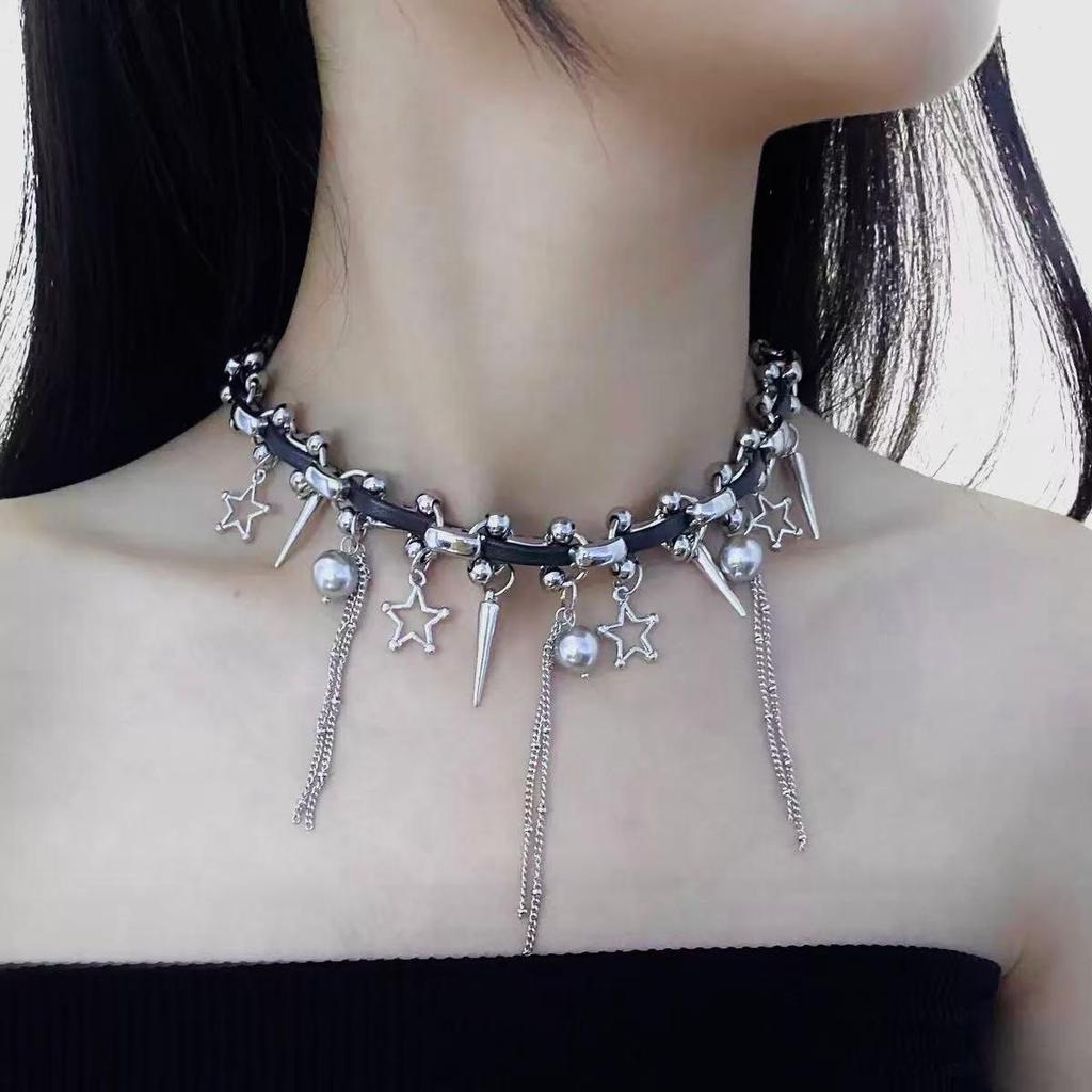 Y2K Spicy Girl Dark Star Leather Choker Necklace - Pure Desire Clavicle Chain