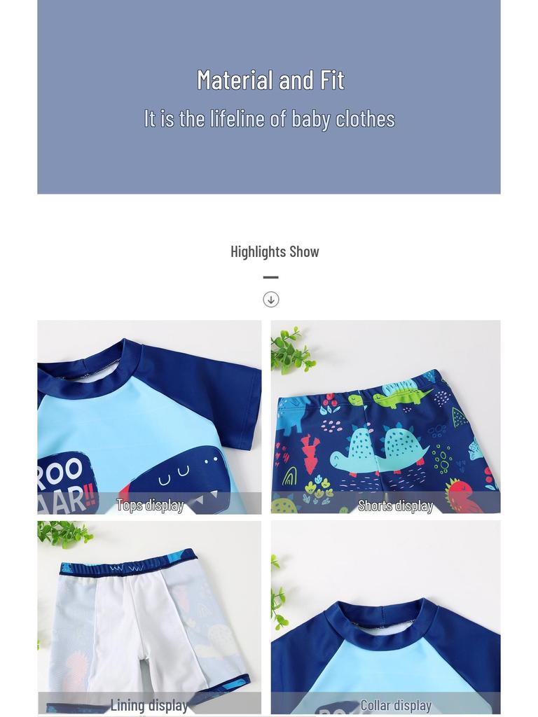 Chlapecká rychleschnoucí kreslená plavková souprava: Malý a střední rozparek s krátkým rukávem ochrana proti UV záření s plaveckou čepicí