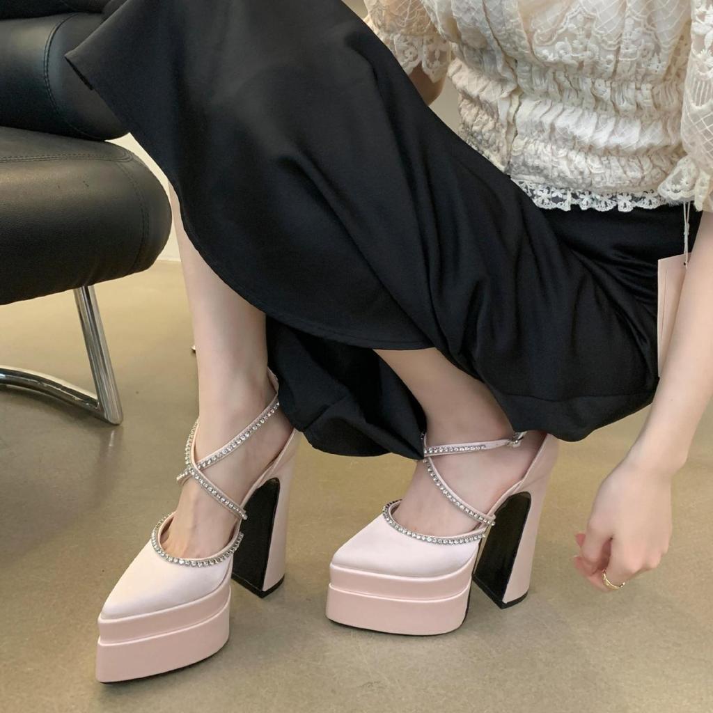 Fashion 15cm Spring and Summer 2025 New Fashion Platform Thick Heels Hate Sky High Pointed Satin High Heels Show Women's Single Shoes