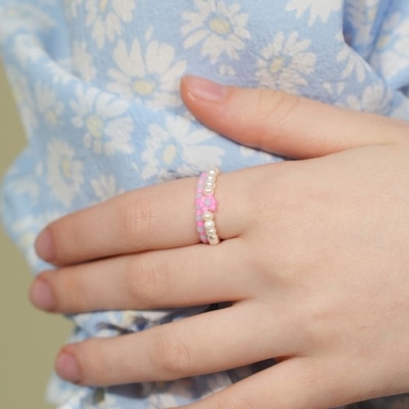 BONBEAU Refresh Flower Beads Pearl Ring Flower Bead Freshwater Pearl Layered Ring Set