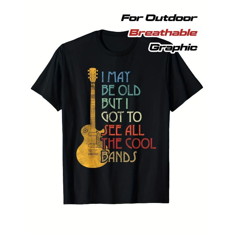 Европейские размеры Ретро Я могу быть старым, но я видел все крутые группы Графическая футболка - Черная с разноцветной гитарой и текстовым дизайном S