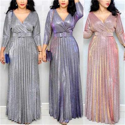 Farewell Women Sexy Evening Party Pleated Deep V Neck Long Dress High Waist Belt Glitter Bling Bling Dress