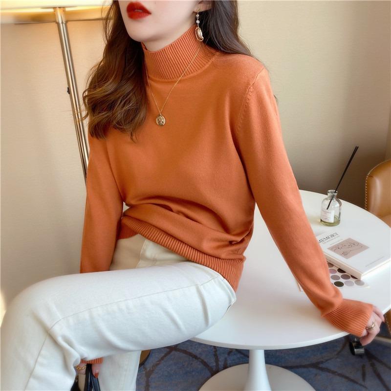 Autumn and Winter Pullovers Sweaters Women Fashion Loose Half High Neck Base Women Knitted Sweater Tops Elegant Solid Simple Ladies Knit Jumper 25730