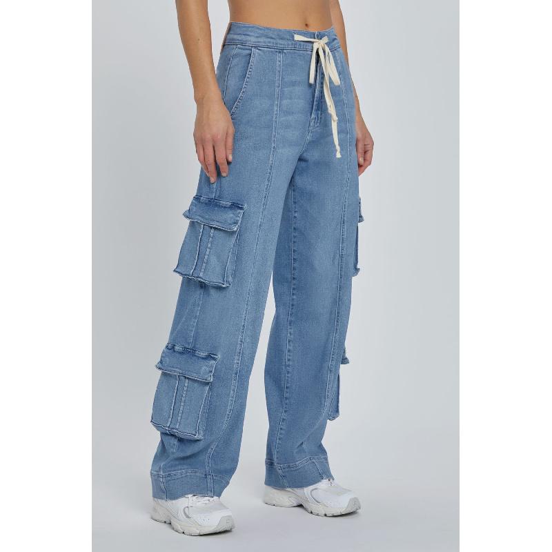 2026 Spring New Street Style Washed Cargo Pants for Women, Multi-Pocket Wide-Leg Tie-Waist Women's Jeans