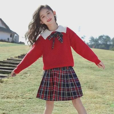 Dívčí pletená dvoudílná souprava v kolejním stylu: Podzimní/zimní svetr a sukně