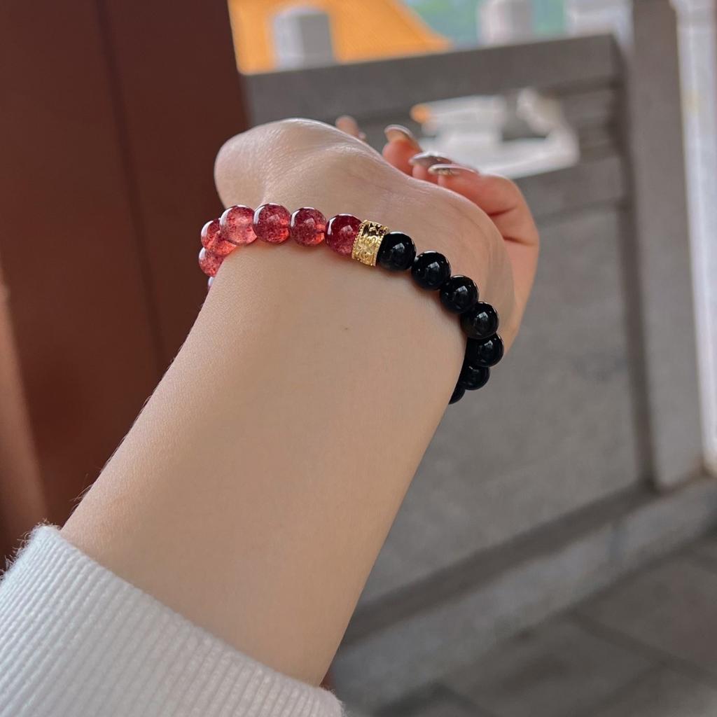 Handmade Natural Rose Quartz Bracelet with Black Obsidian and Strawberry Quartz - Unique Gift