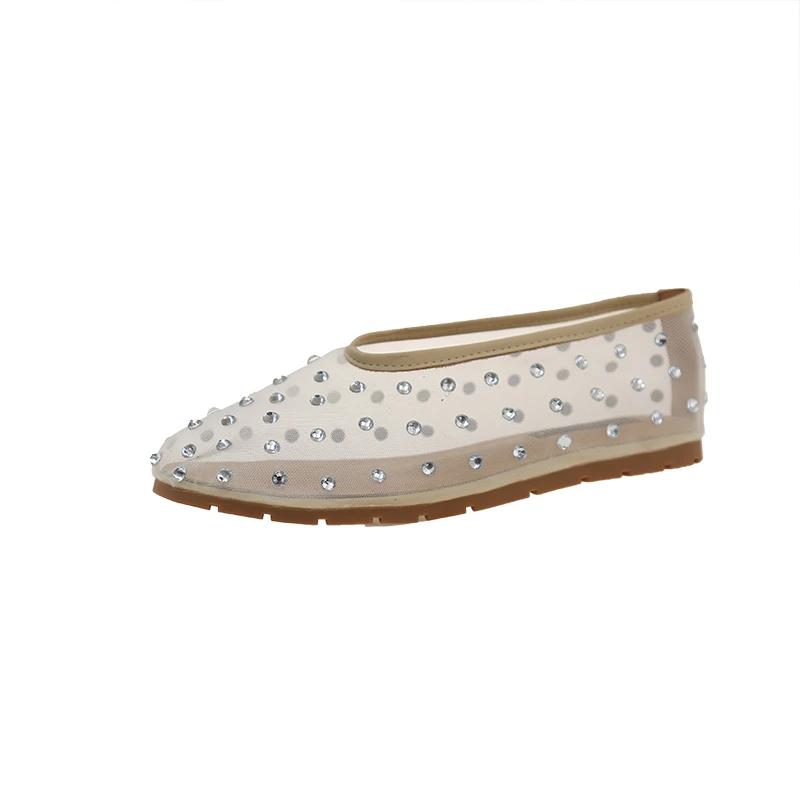 Women's Flat Shoes Mesh-edge Upper Rhinestones Soft Soles Shoes Women Dress Breathable Fairy Style One Kick Zapatillas De Mujer