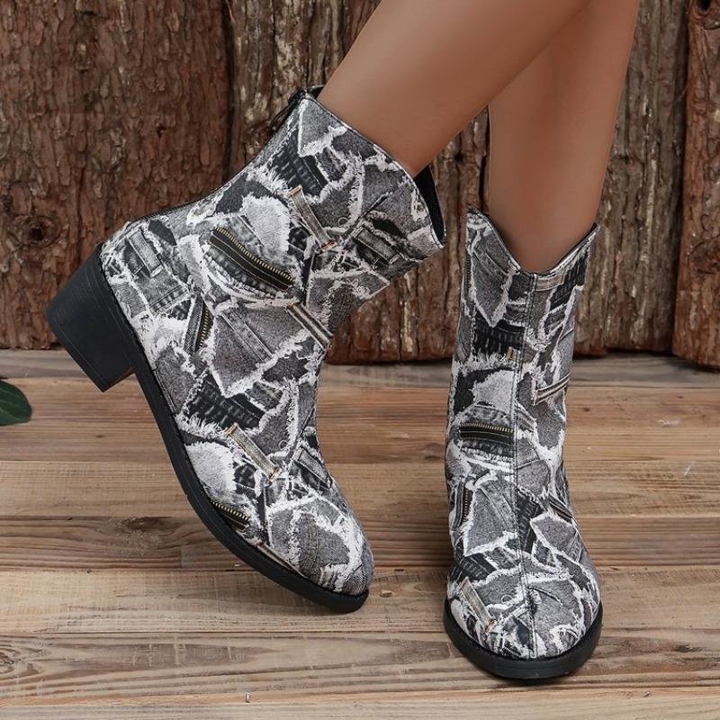 Large size denim splicing medium tube fashion boots autumn and winter new square heel pointed women's boots