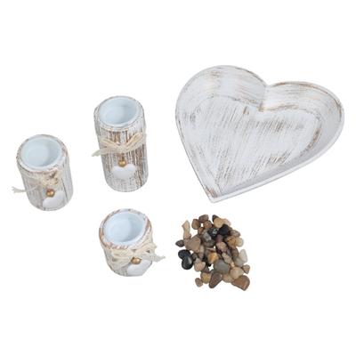 3Pcs Wood Candlestick Set Tealight Candle Holders with Romantics Heart Designs Tray and Bows Decoration for Centerpieces