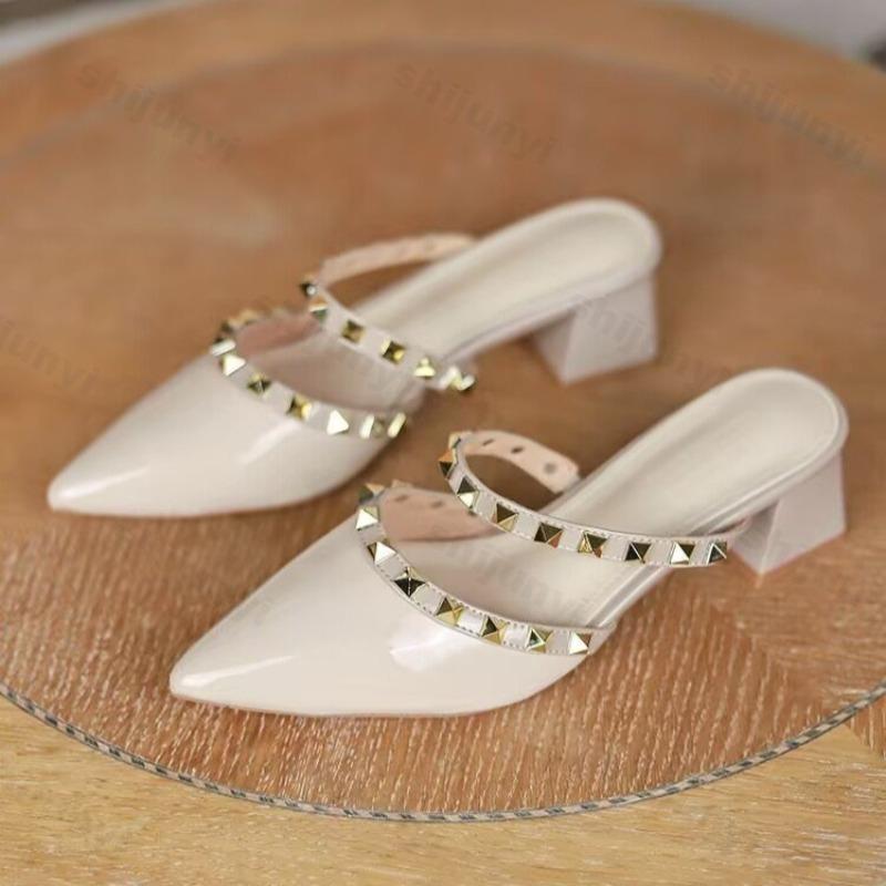 Fashion Women Slippers Fashion Rivet Slip on New 2025 Summer Pointy Toe High Heels Shoes Party Patent Leather Sexy Female Sandal Dress