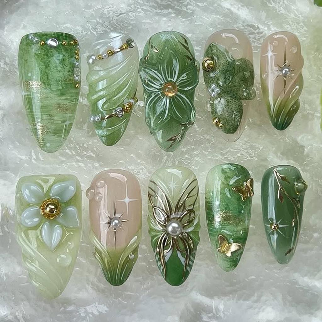 24Pcs Gold Cat Eye French Pearl Fake Nails Medium Almond Glitter Irregular Line Press On Nails