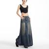 Women's Retro High-Waisted Denim A-Line Skirt - Summer, Washed Blue, Knee-Length