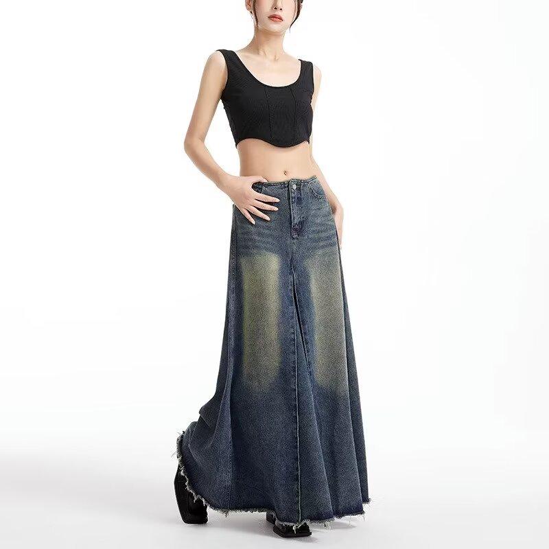 Women's Retro High-Waisted Denim A-Line Skirt - Summer, Washed Blue, Knee-Length