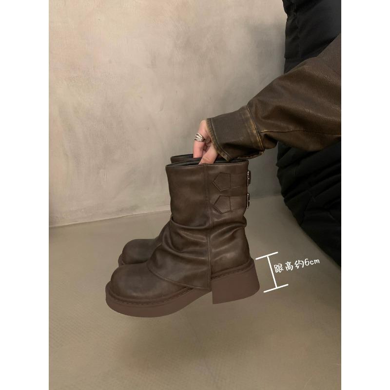Women Mid-calf Pleated Platform Boots New  Chunky Mid Heels Motorcycle Boots Fad New Trend Gladiatus Walking Chaussures Lady