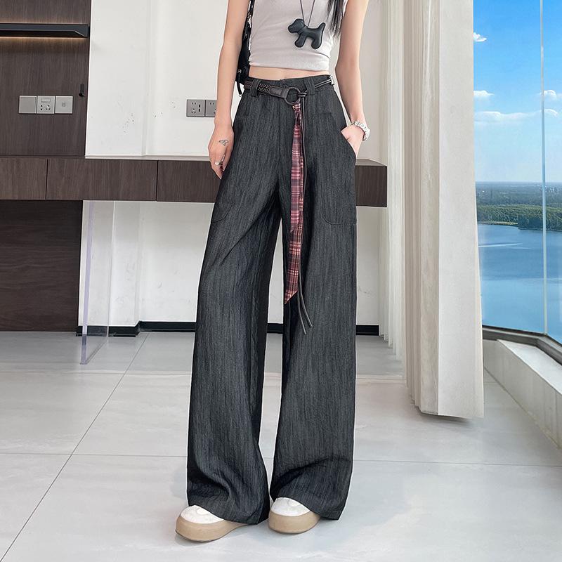 

Denim Blue Faux Denim Loose Straight-Leg Floor-Length Suit Pants - 2026 Spring/Summer Fashion L чёрный/джинсовый