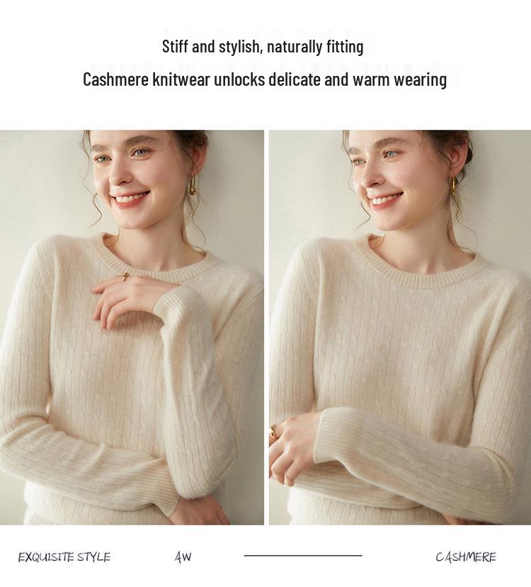 Women's Light Luxury Cashmere Sweater - Autumn/Winter Cable Knit, Round Neck, Slimming Fit, Long Sleeve.