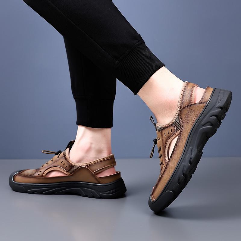 Hollow Men's Sandals 2025 Summer New Mesh Rome Foreign Trade Leisure Beach Hole Breathable Bag Head Leather Shoes