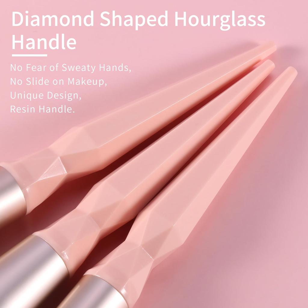 ENZO KEN Rosa Harts Sminkborste Set med Rese Diamantform Timglas Färgglad Vegansk Ansikts Ögonskuggsborste Kontur Blanda Komplett Borste Kit Väska,