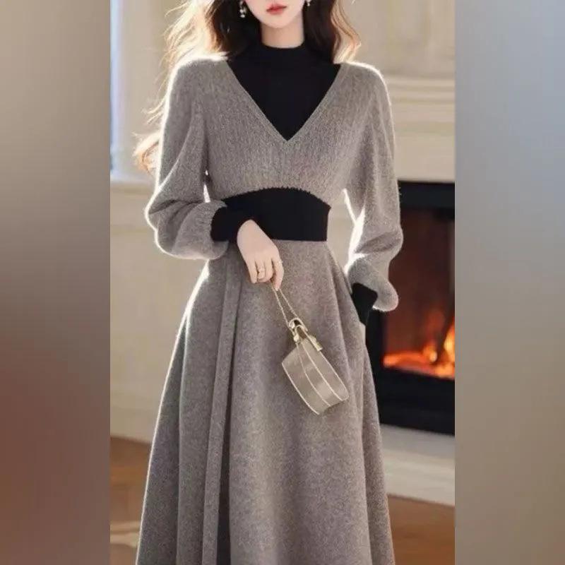 Women's Gray Knitted Turtleneck Sweater Dress - Elegant Winter 2024 Long Skirt