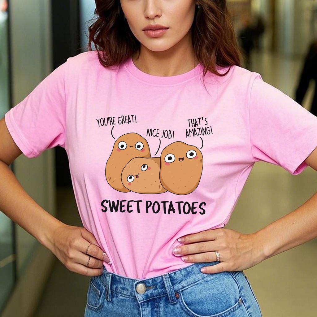 Fun Potato Print Tshirt Casual Short Sleeved Suitable for All Seasons Fashion Versatile Holiday Womens Tshirt