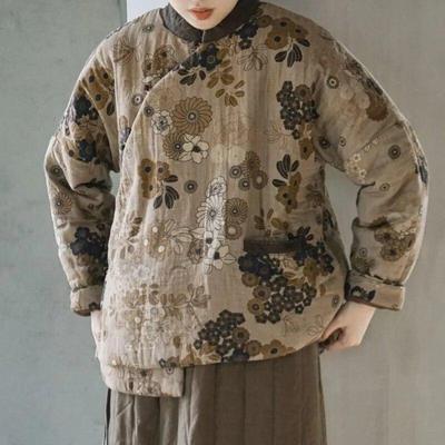 Naiste Vintage Print lillelised talvepargid pluss puuvillased pikkade varrukatega mantlid, nööbid Hiina stiilis soojad pargid