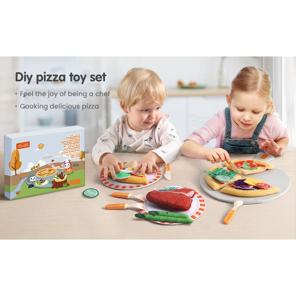TUMAMA Pretend Play Food Set,Felt Pizza Food Toy,Play Cutting Pizza Toys with Beef Steak,Vegetables,Dinnerware and Plates Accessories for Toddlers