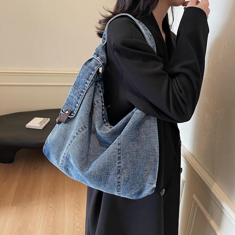 Denim Tote Bag For Women Large Capacity Casual Street Style With Zipper Closure