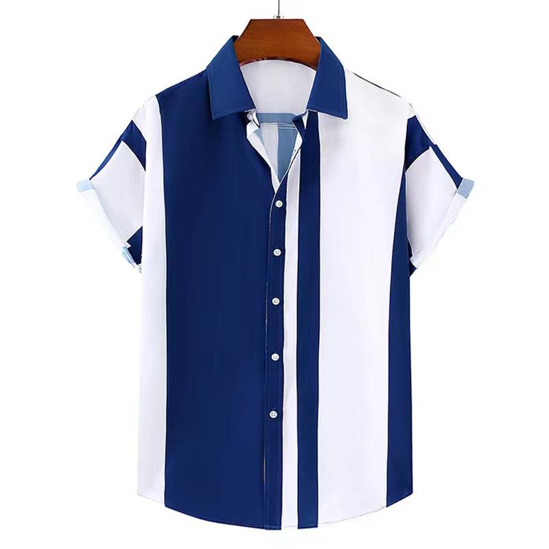 Camicia Casual da Uomo Estiva con Bottoni Stampa a Righe Verticali Blu e Bianche Manica Corta