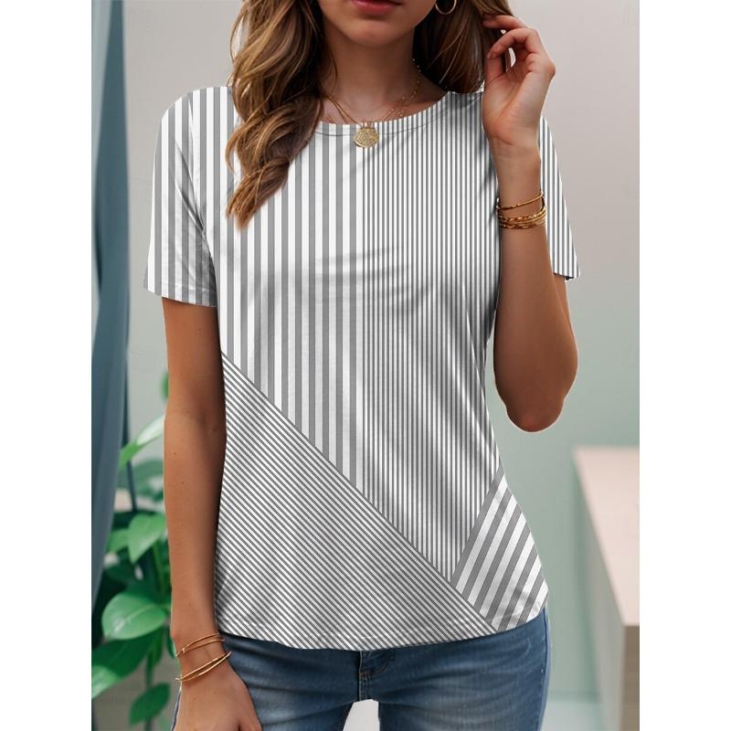 Women's Casual T-shirt 3D Printed Striped Print Round Neck Retro Elegant Long Sleeves Women's Fashion Pullover Long Sleeve Tops