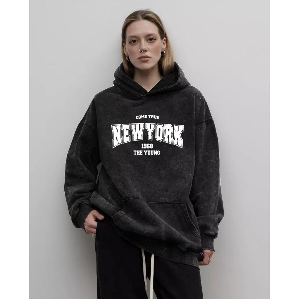 New York Creative Art Letter Prints Dam Tvättad Hoodie Bomull Distressed Hoodie Lös Hoodie Stora Toppar