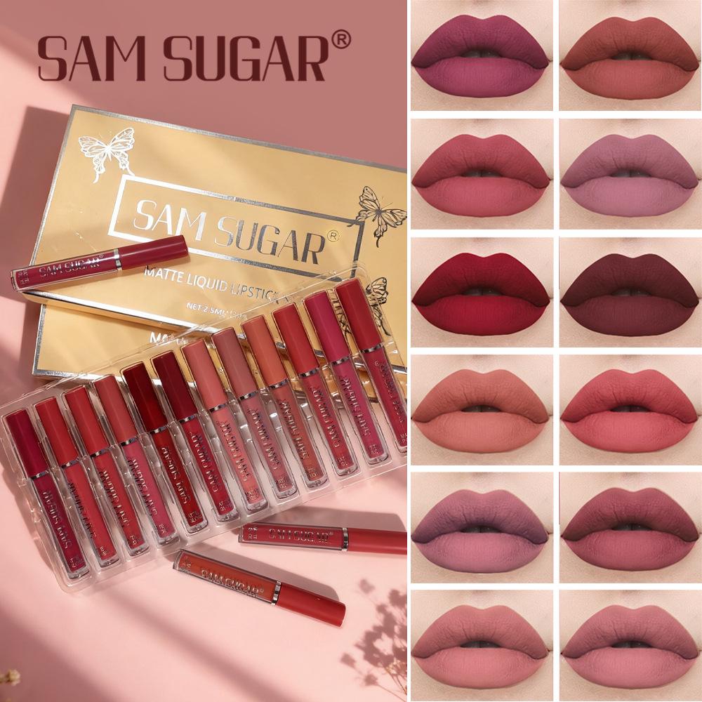 SAM SUGAR 12pcs Matte Liquid Lipstick Set Waterproof Long Lasting Non-Stick Cup Velvet Nude Red Lip Gloss Makeup Kit for Women Cosmetics