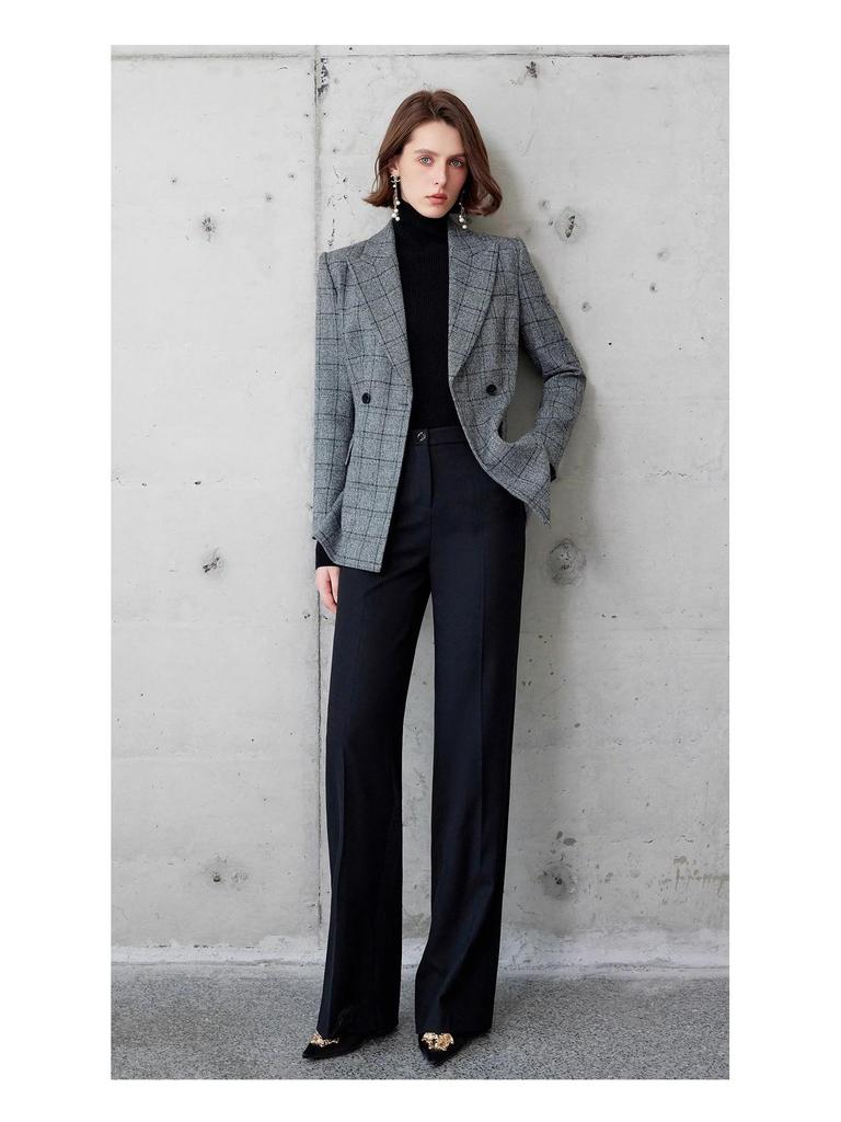 Luxurious British Style Dark Plaid Suit: Women's Jacket & Straight-Leg Pants Two-Piece Set for Autumn/Winter.