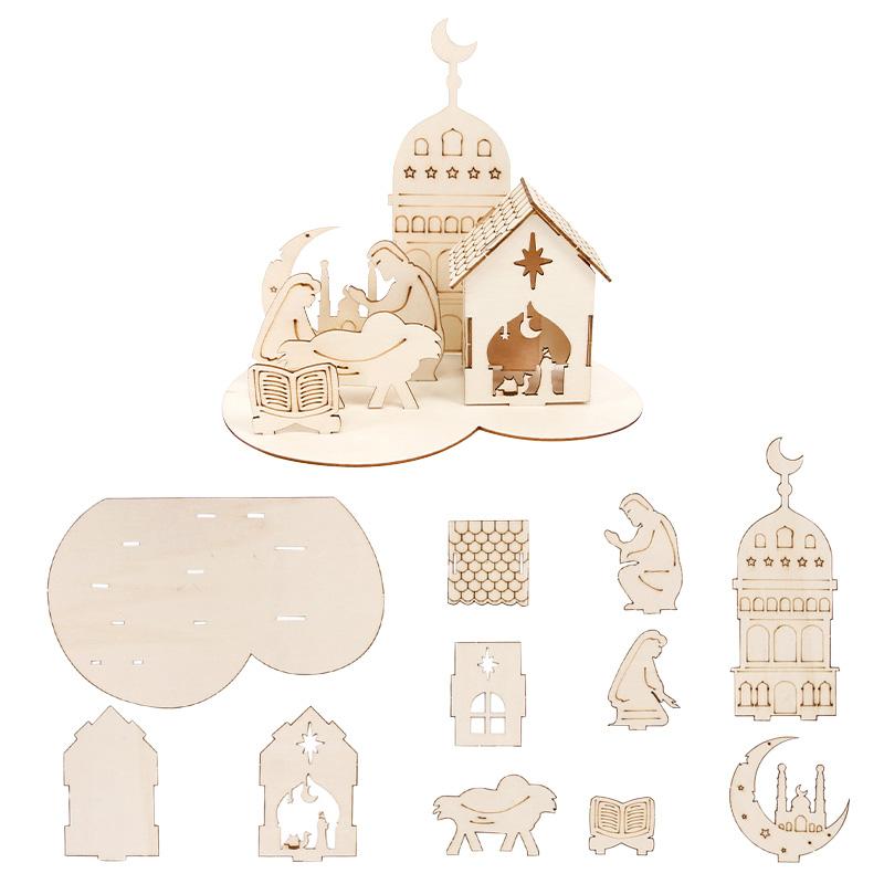 1set Islamic Castle Table Ornaments Eid Mubarak Wooden DIY Puzzle for Home Decoration 2026 Ramadan Muslim Party Supplies Gifts