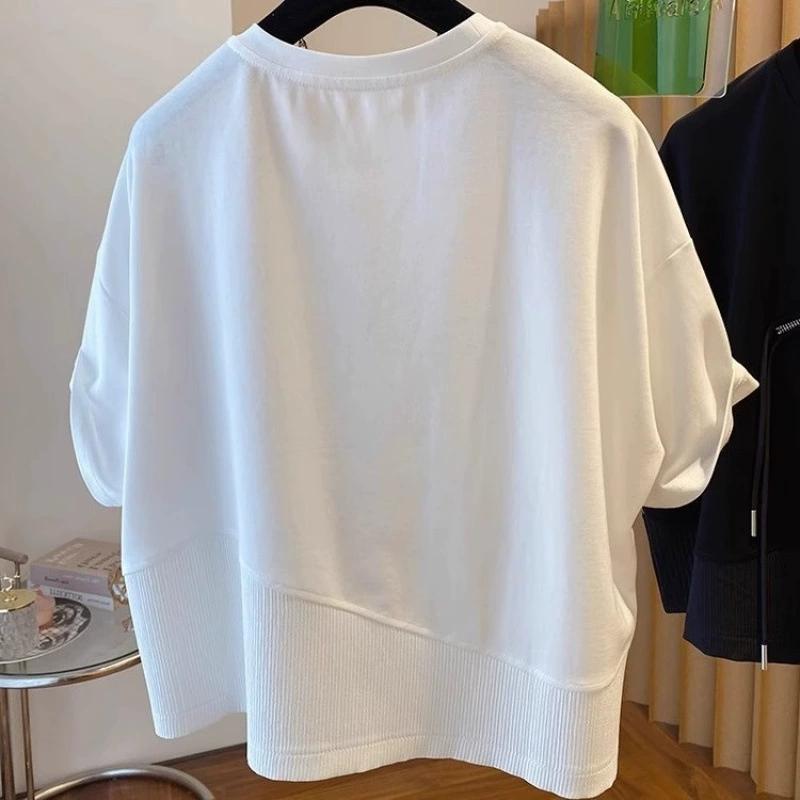 Summer Personality Irregular Patchwork Drawstring Half Zipper Loose Casual Oversized Ruffian Handsome Short Sleeved T-shirt