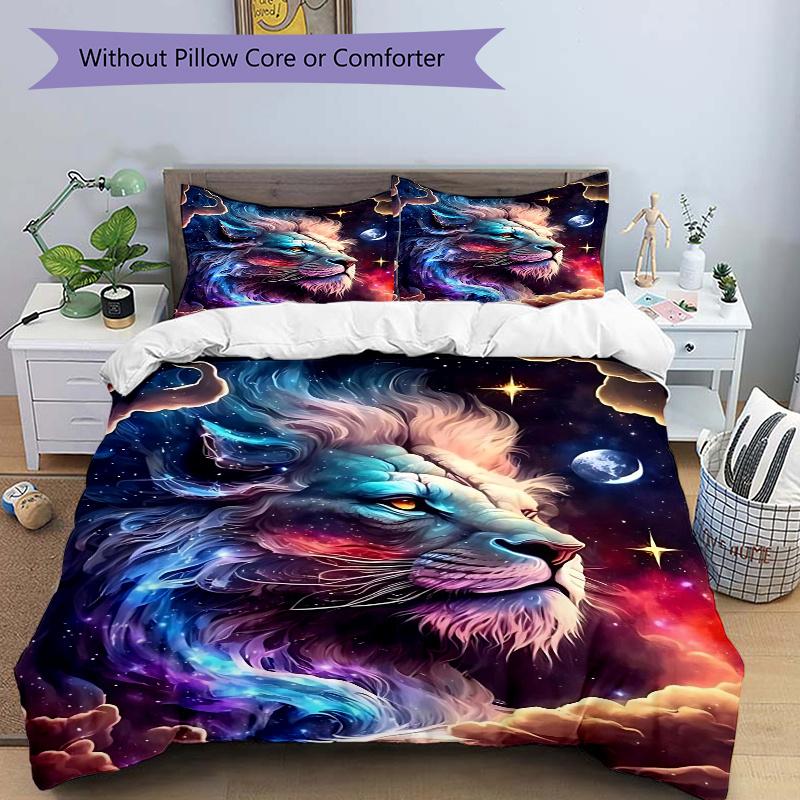 

3pcs Colorful Galactic Lion Pattern Bedding Set, 1* Cover + 2*Pillowcases, Printed Bedding Set, Soft and Comfortable, Suitable for Bedroom and Gu 135x200cm