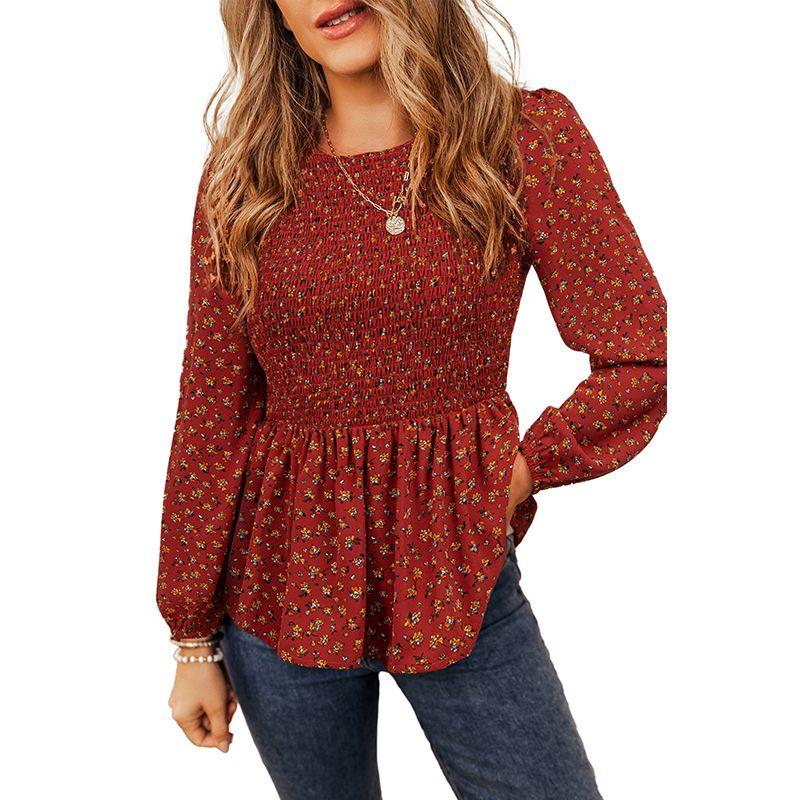 

Autumn Print Fashion Ruffles Smocking Long Sleeves T-shirt Brown red P1720 XL code fits (70.00 kg-75.00 kg