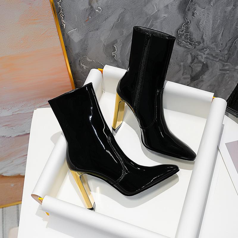 

Autumn Winter Patent Leather Fashion Women Ankle Boots Elegant Square toe Metal Gold High heels Chelsea Short Boots Shoes 35