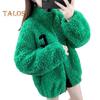 Winter Lady Coat Thickened Double-sided Faux Fleece Solid Color Stand Collar Neck Protection Letter Decor Long Sleeves Keep Warm Outdoor Travel