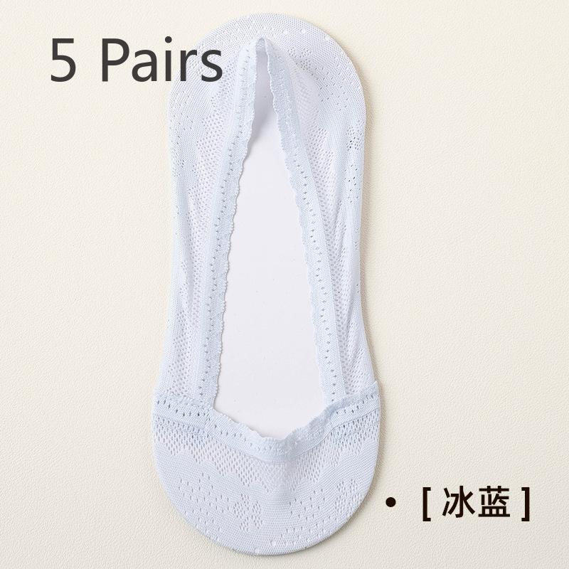 5 Pairs of Women's Summer Thin Ice Silk Cotton Sole Shallow Mouth Invisible Lace Mesh Non Slip Socks