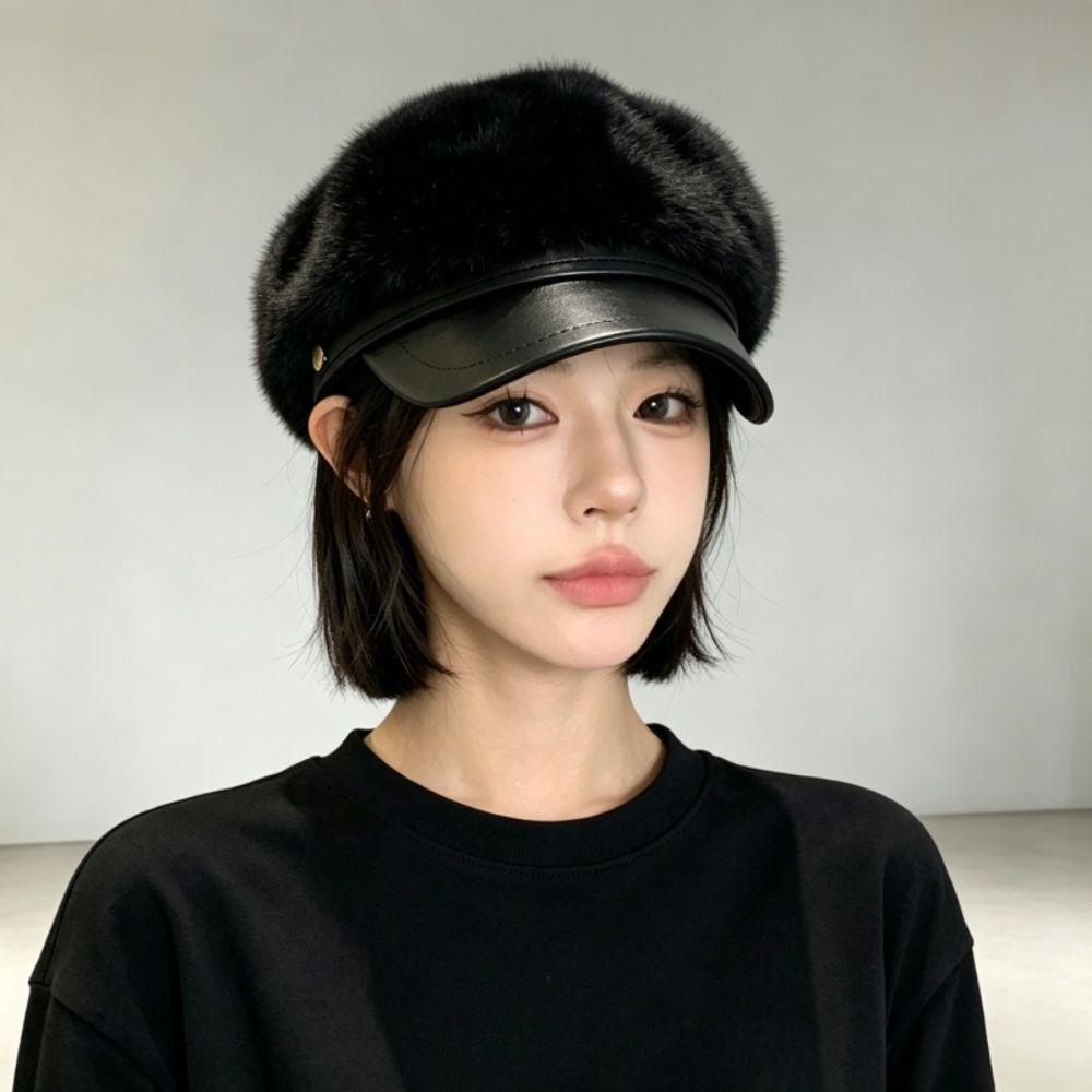 PU Brim Newsboy Cap Adjustable Navy Hat Soft Touch Beret Cap Winter Daily